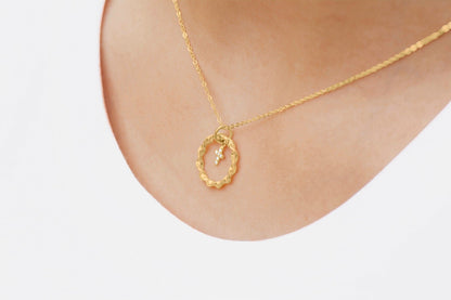 14K Gold Tiny Diamond Cross Nested in Braided Circle Necklace