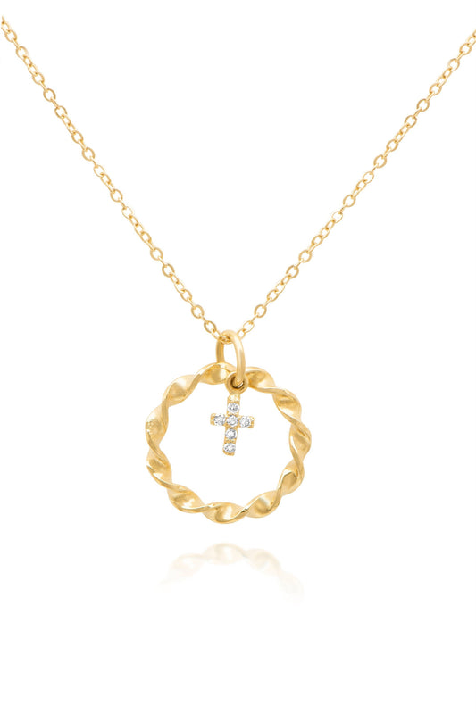 14K Gold Tiny Diamond Cross Nested in Braided Circle Necklace
