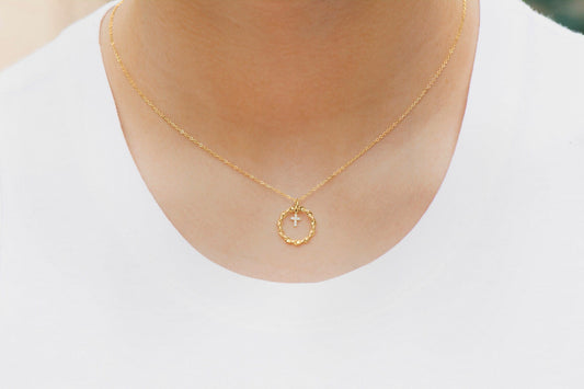 14K Gold Tiny Diamond Cross Nested in Braided Circle Necklace