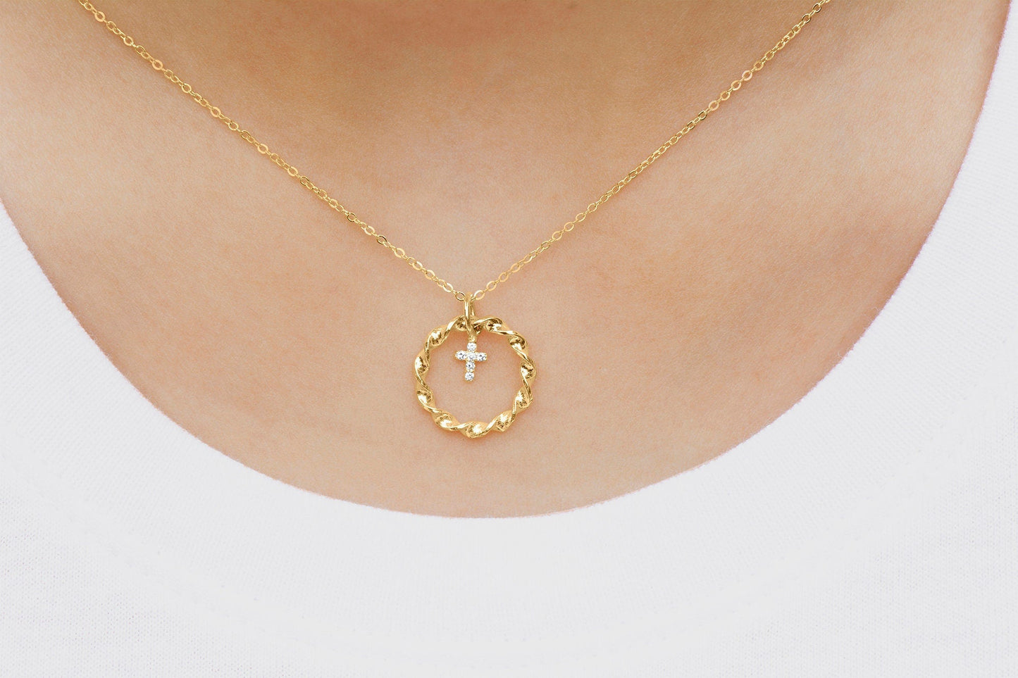 14K Gold Tiny Diamond Cross Nested in Braided Circle Necklace