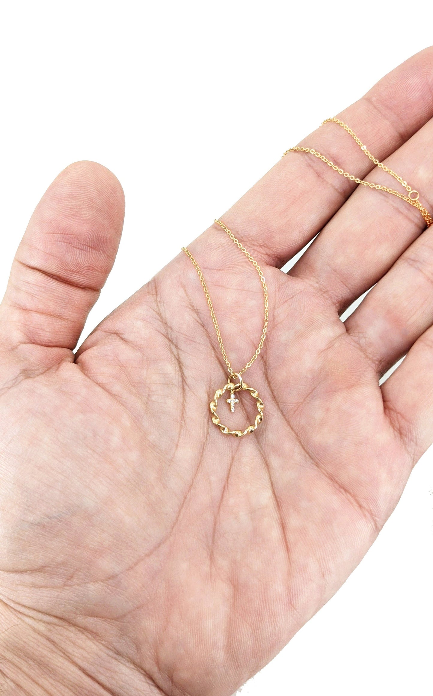14K Gold Tiny Diamond Cross Nested in Braided Circle Necklace