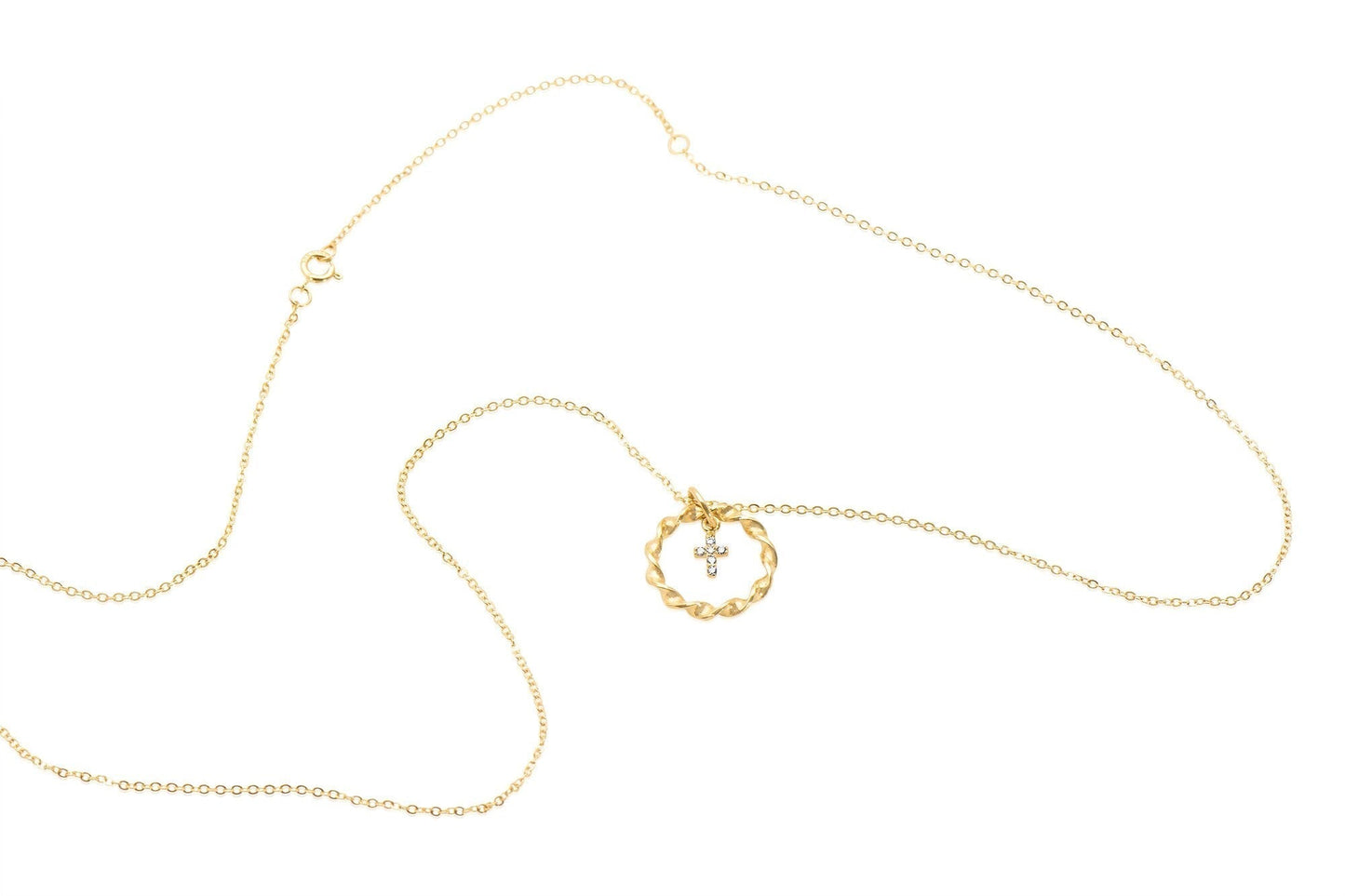 14K Gold Tiny Diamond Cross Nested in Braided Circle Necklace