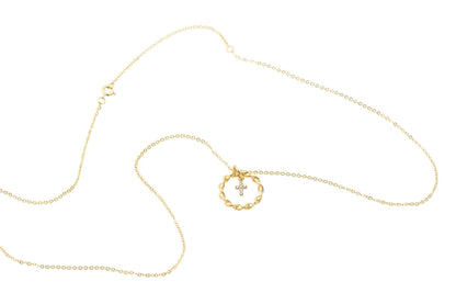 14K Gold Tiny Diamond Cross Nested in Braided Circle Necklace