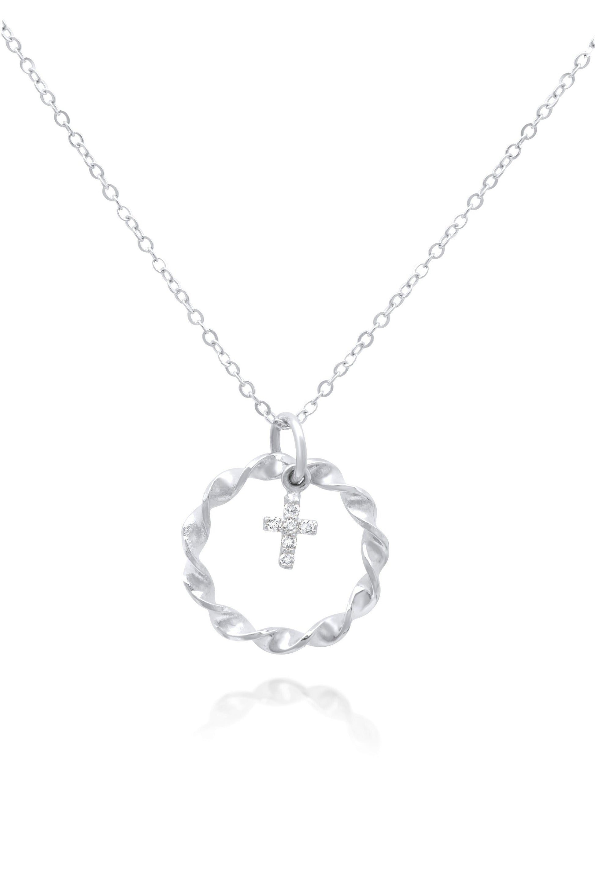 14K Gold Tiny Diamond Cross Nested in Braided Circle Necklace