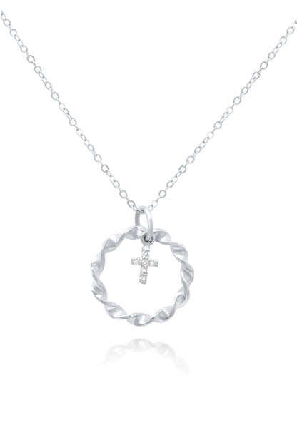 14K Gold Tiny Diamond Cross Nested in Braided Circle Necklace