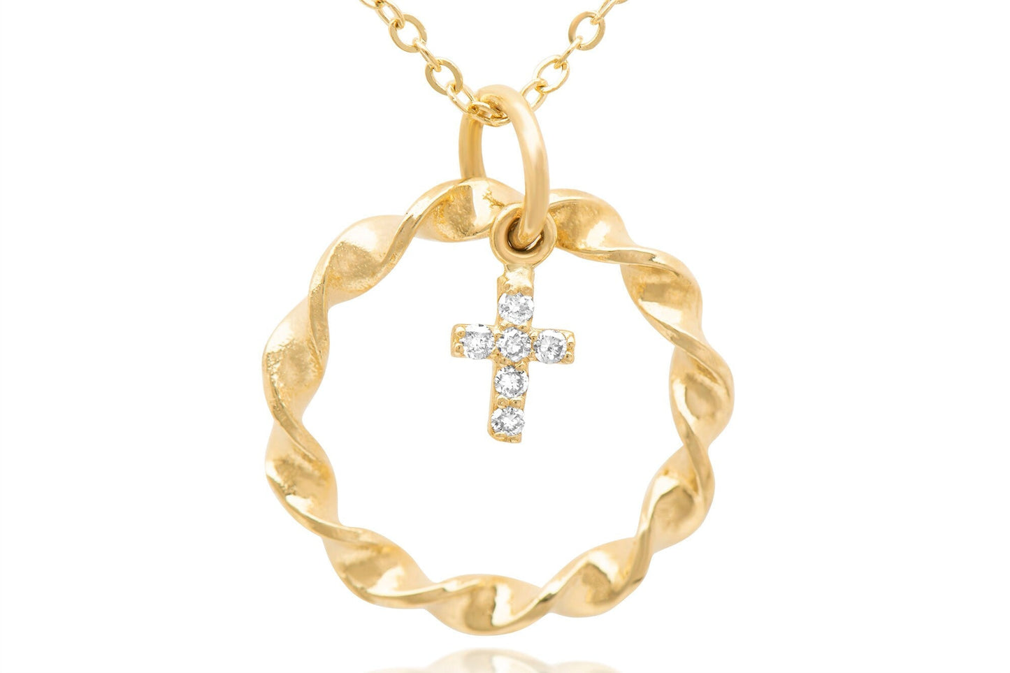 14K Gold Tiny Diamond Cross Nested in Braided Circle Necklace