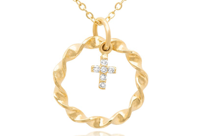 14K Gold Tiny Diamond Cross Nested in Braided Circle Necklace