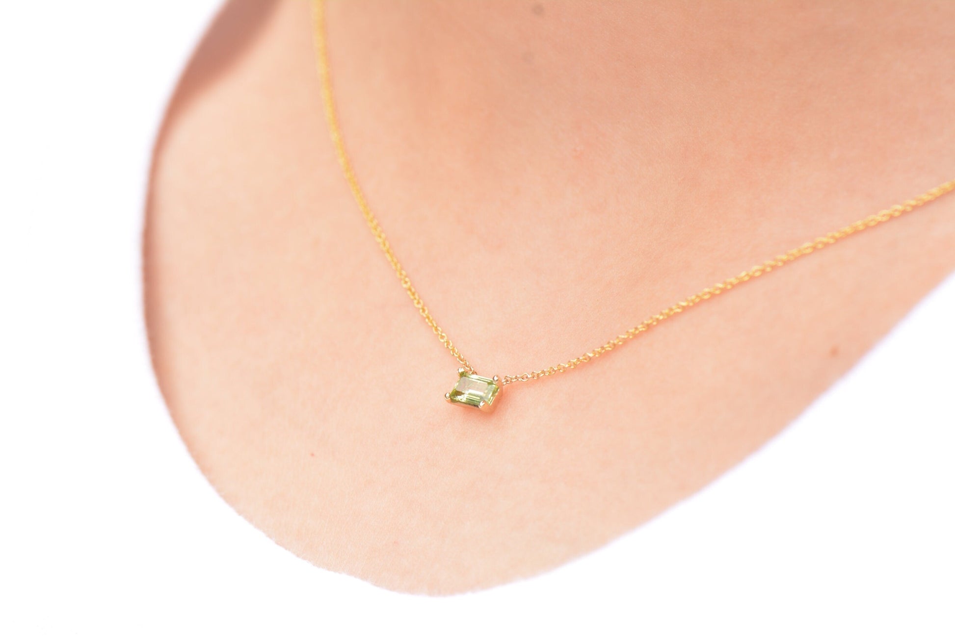 14k Green Emerald Cut Peridot Necklace