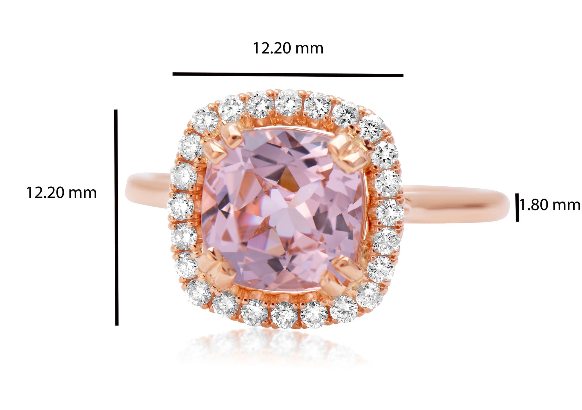 14k Rose Gold Cushion Cut Morganite Ring Measurements 