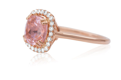 14k Rose Gold Morganite Engagement Ring with a Halo of Sparkling Round Diamonds