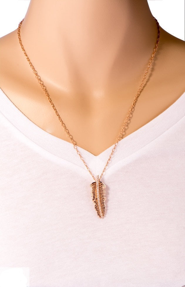 14k Rose Gold Micro Pave Diamond Feather Necklace with Twist Link Chain
