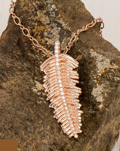 14k Rose Gold Micro Pave Diamond Feather Necklace with Twist Link Chain