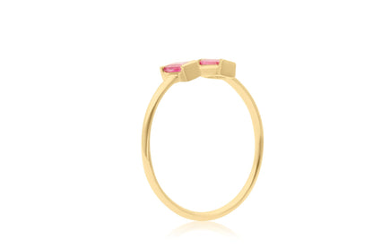 14k Ruby Gemstone Open Ring, Two Baguette Rubies set in 14k Dainty Stacking Ring