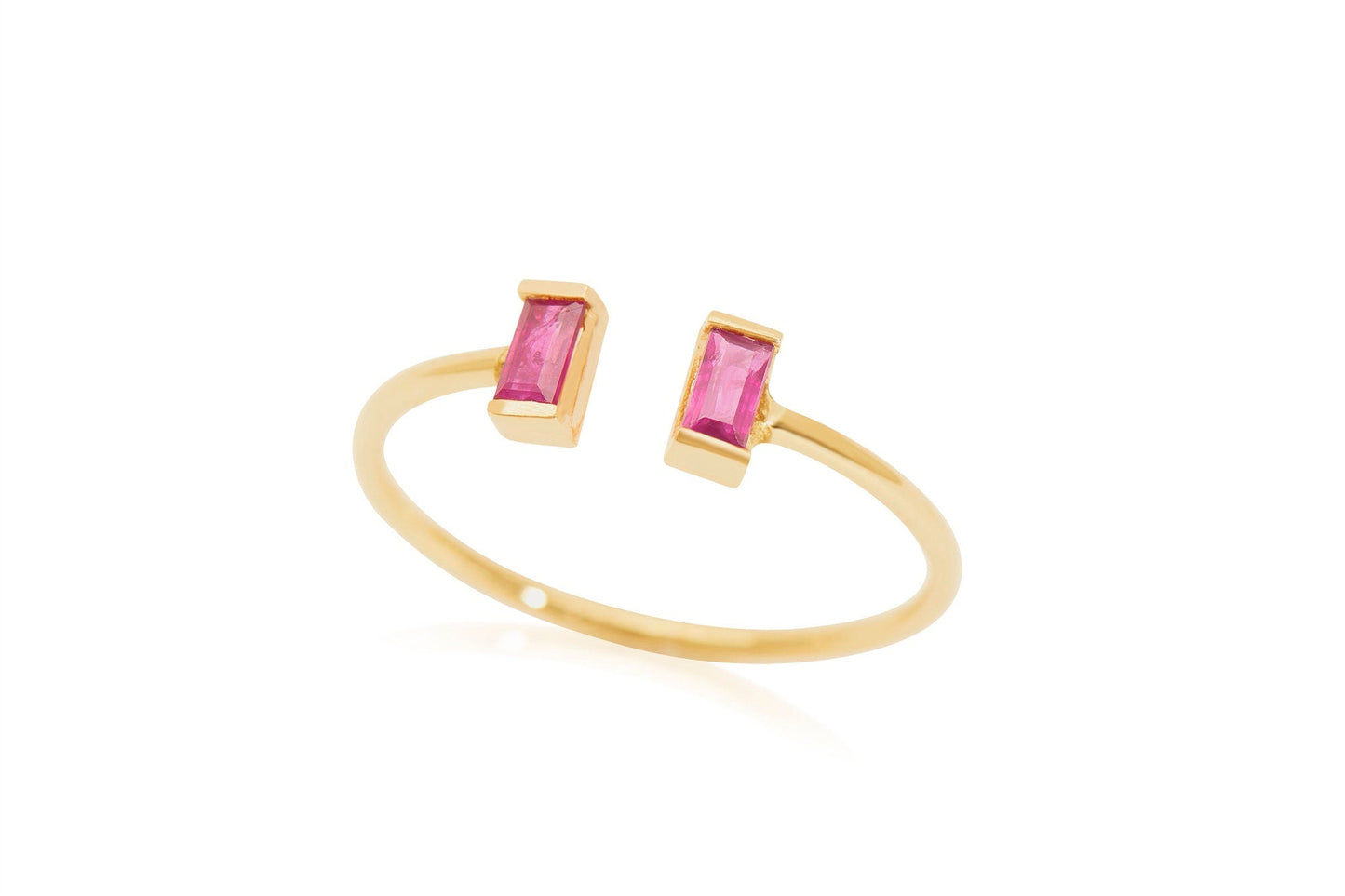 14k Ruby Gemstone Open Ring, Two Baguette Rubies set in 14k Dainty Stacking Ring