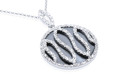 14k White Gold Black Onyx Diamond Pendant Circle Necklace