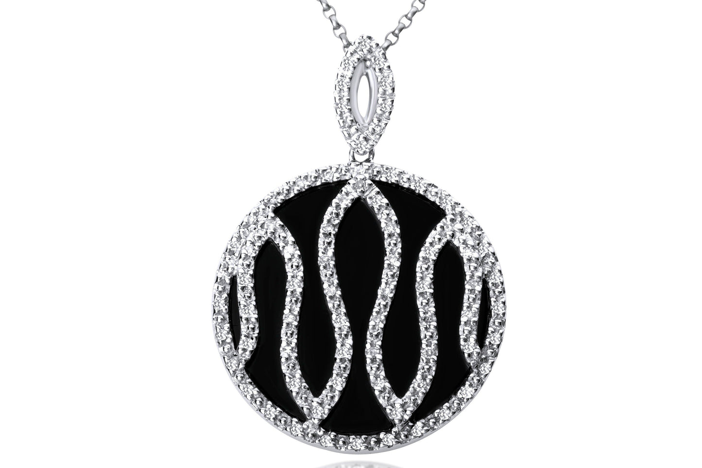 14k White Gold Black Onyx Diamond Pendant Circle Necklace