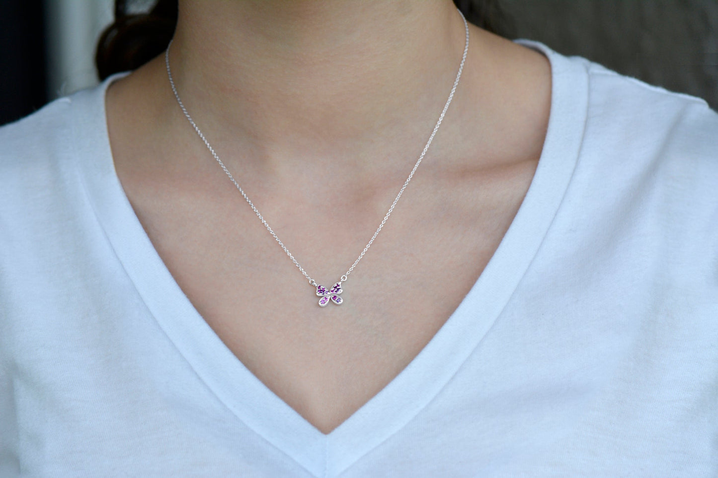 Minimalist Butterfly Necklace Micro Pave Pink Sapphire Gemstones