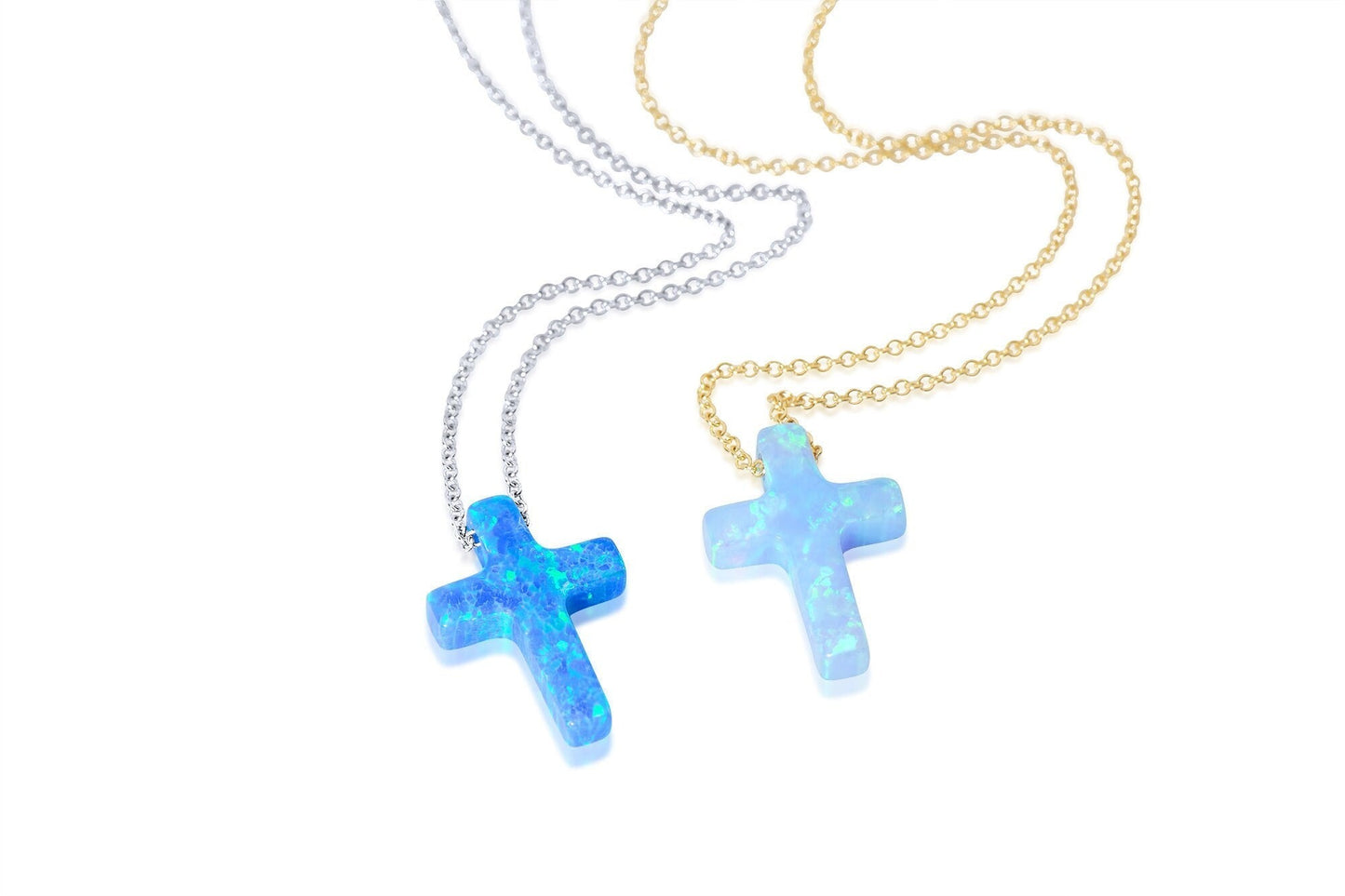 Opal Cross Necklace floating on 14k Gold Chain