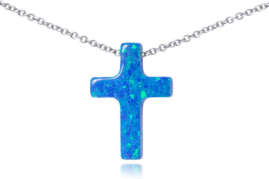 Opal Cross Necklace floating on 14k Gold Chain