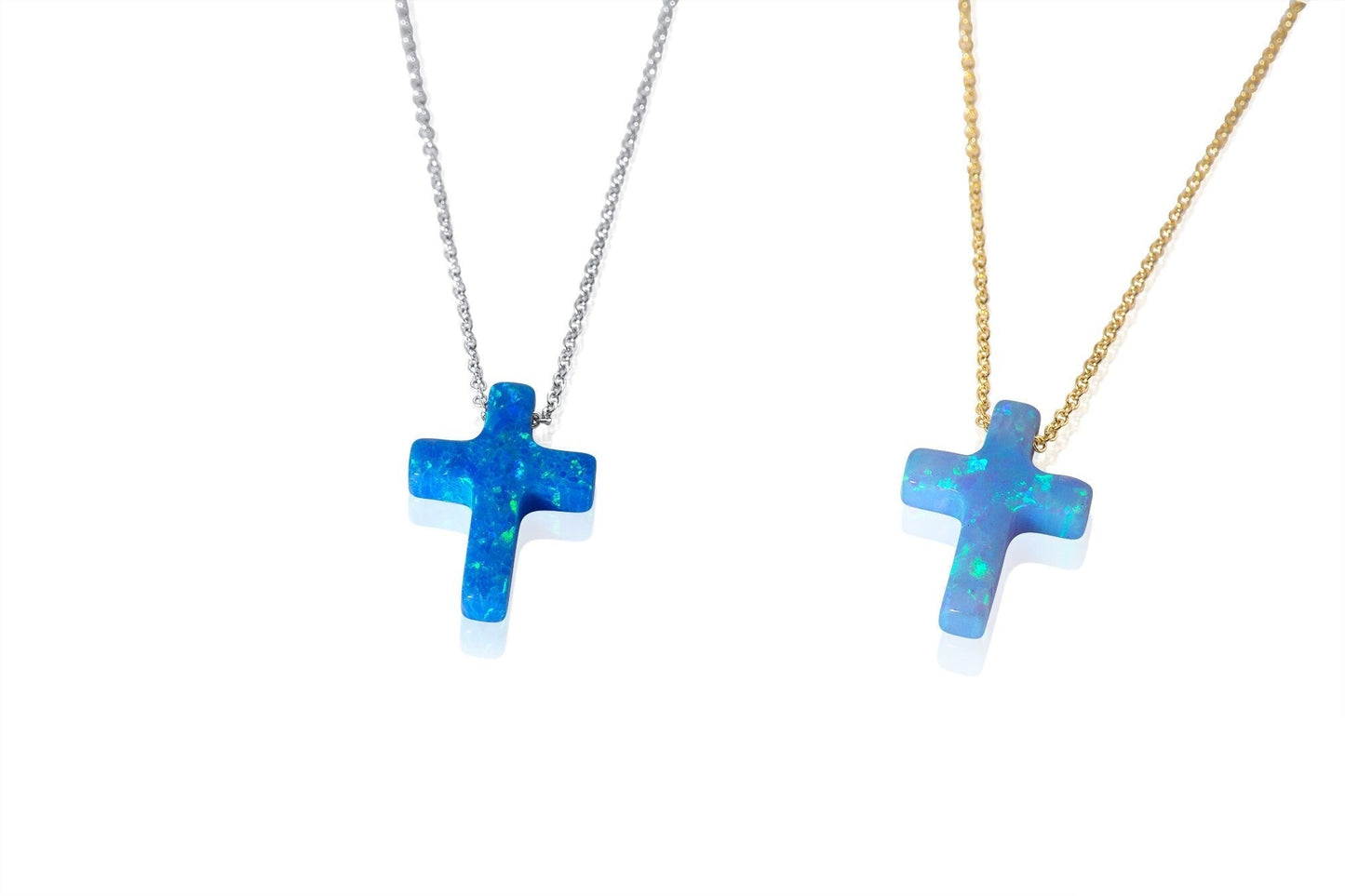 Opal Cross Necklace floating on 14k Gold Chain