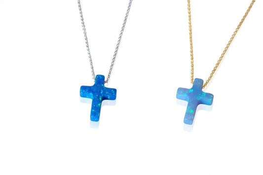 Opal Cross Necklace floating on 14k Gold Chain