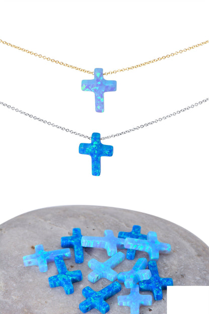 Opal Cross Necklace floating on 14k Gold Chain