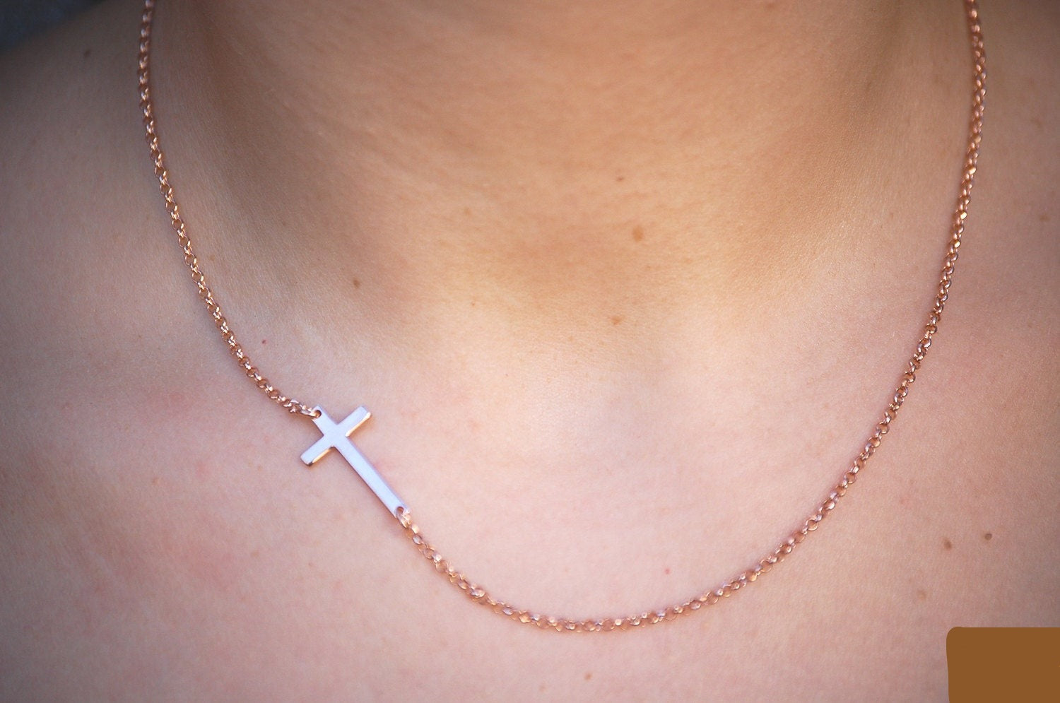 Sideways Layering Cross Necklace in Rose Gold over Sterling Silver