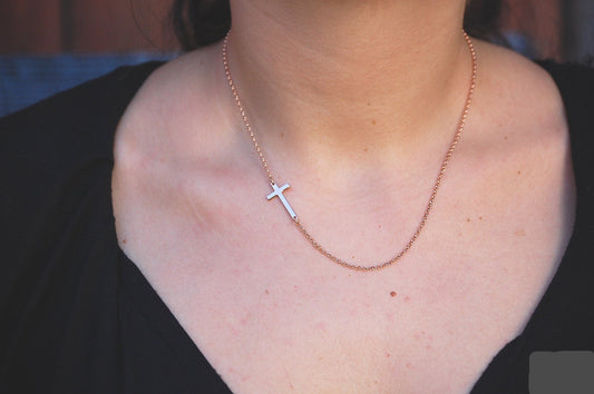 Sideways Layering Cross Necklace in Rose Gold over Sterling Silver