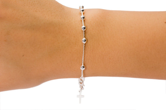 Sterling Silver Cross Charm Rosary Bracelet