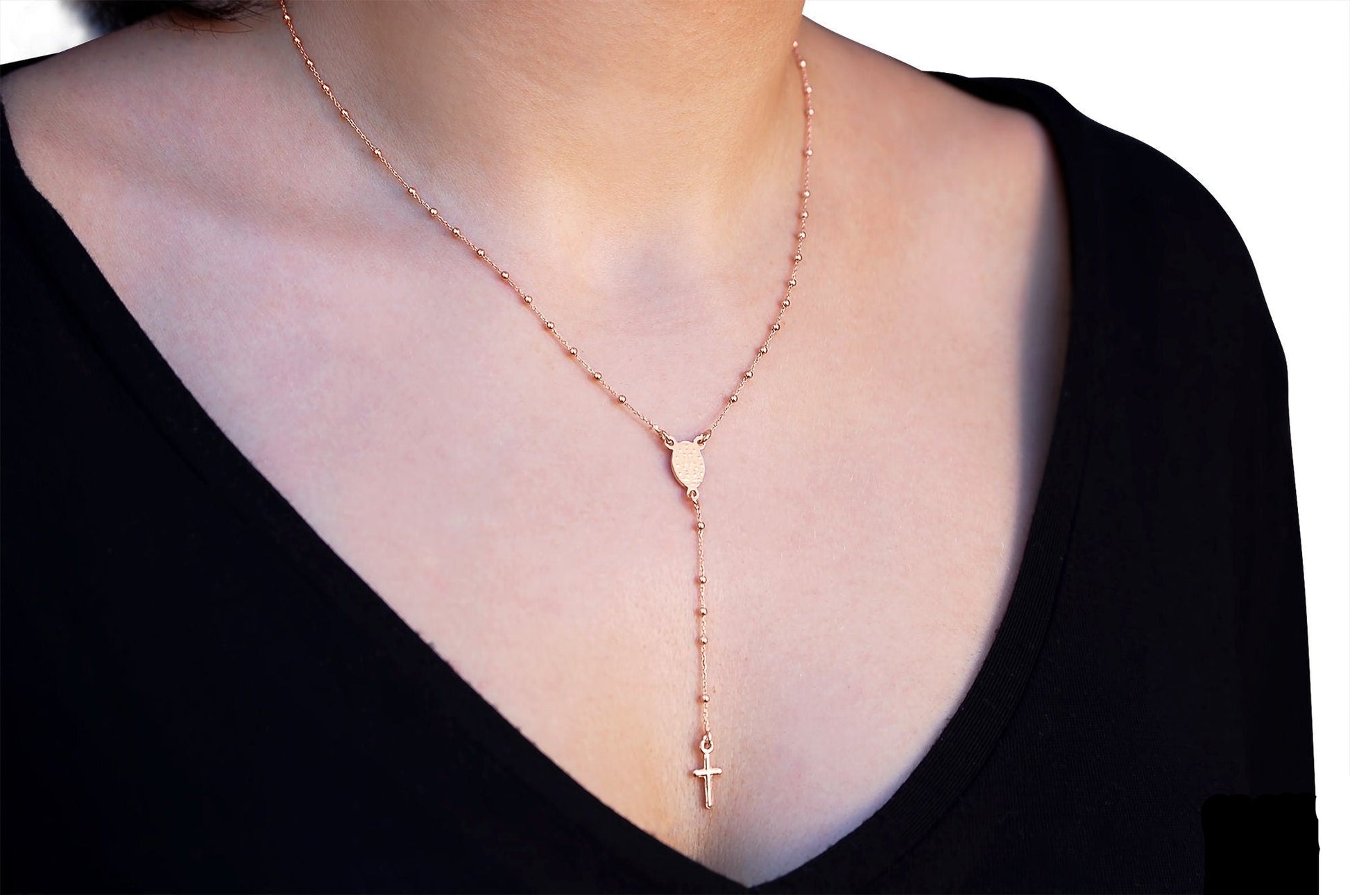 Sterling Silver Rosary Necklace plated in Rose Gold